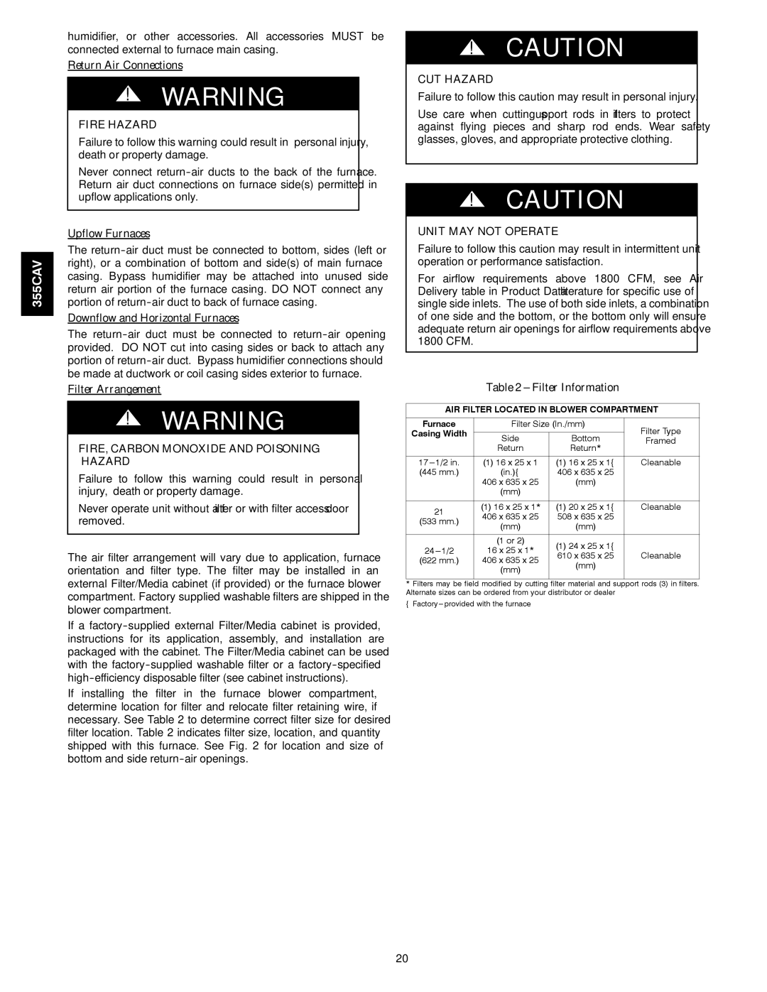 Bryant 355CAV installation instructions Fire Hazard, FIRE, Carbon Monoxide and Poisoning Hazard, Unit MAY not Operate 