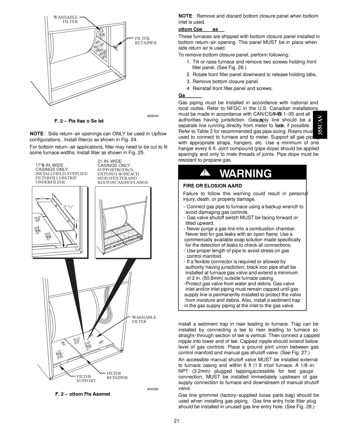 Bryant 355CAV installation instructions Bottom Closure Panel, Gas Piping, Fire or Explosion Hazard 