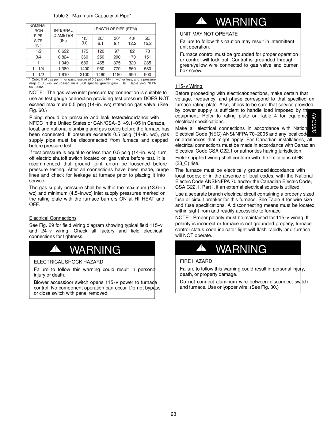 Bryant 355CAV installation instructions Maximum Capacity of Pipe, Electrical Shock Hazard, Wiring 