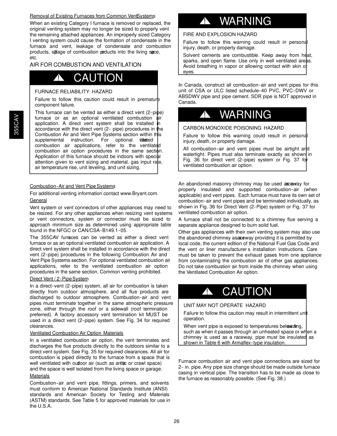 Bryant 355CAV installation instructions AIR for Combustion and Ventilation, Fire and Explosion Hazard 