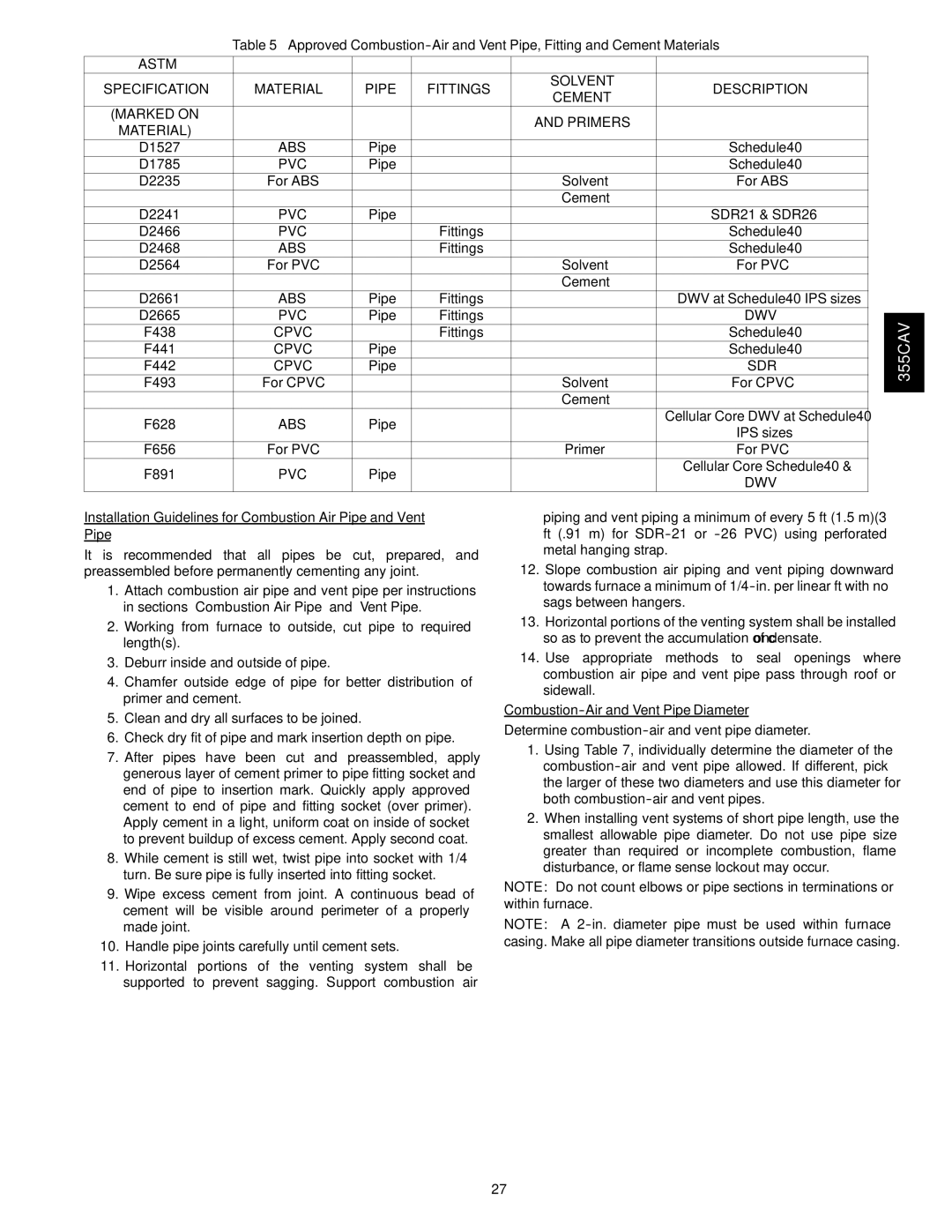 Bryant 355CAV installation instructions Astm, Material Pipe Fittings, Description, Cement, Marked on Primers Material 