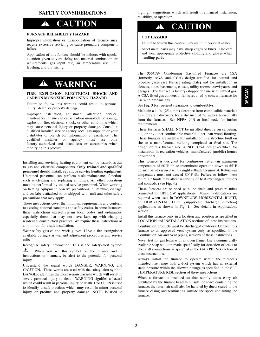 Bryant 355CAV installation instructions Safety Considerations, CUT Hazard 