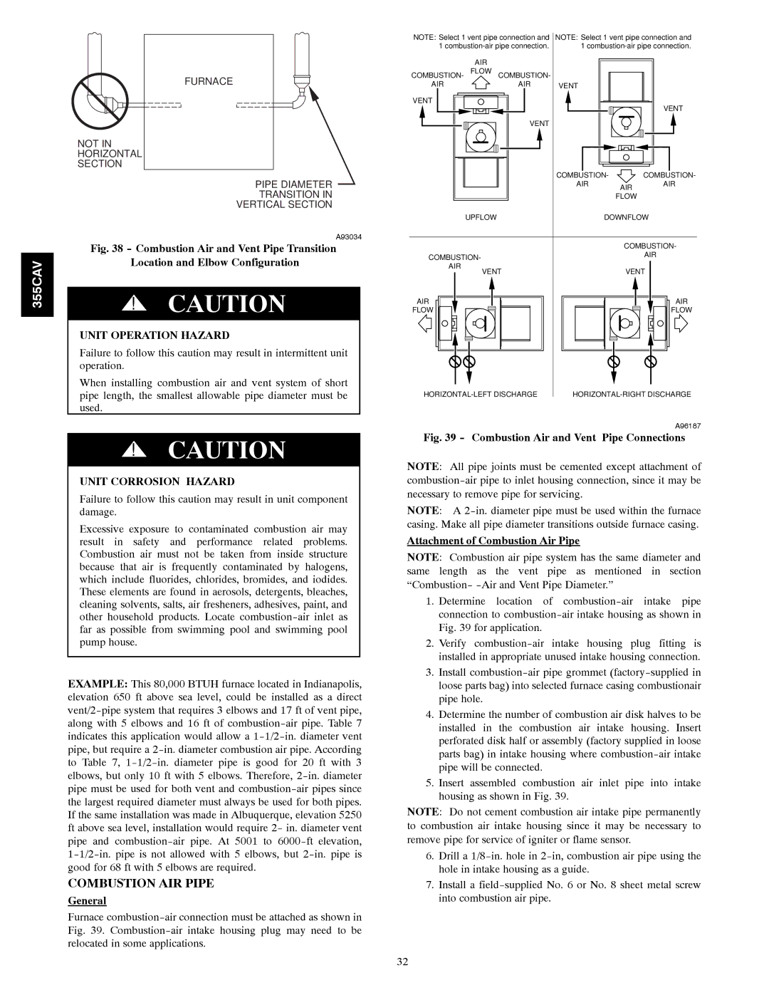 Bryant 355CAV installation instructions Combustion AIR Pipe, Unit Corrosion Hazard 