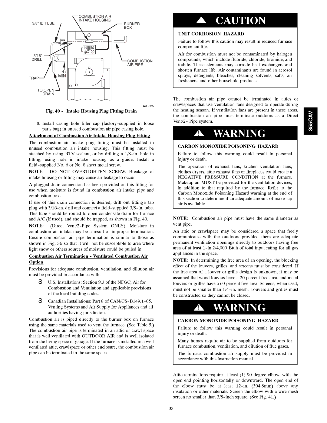 Bryant 355CAV installation instructions Attachment of Combustion Air Intake Housing Plug Fitting 