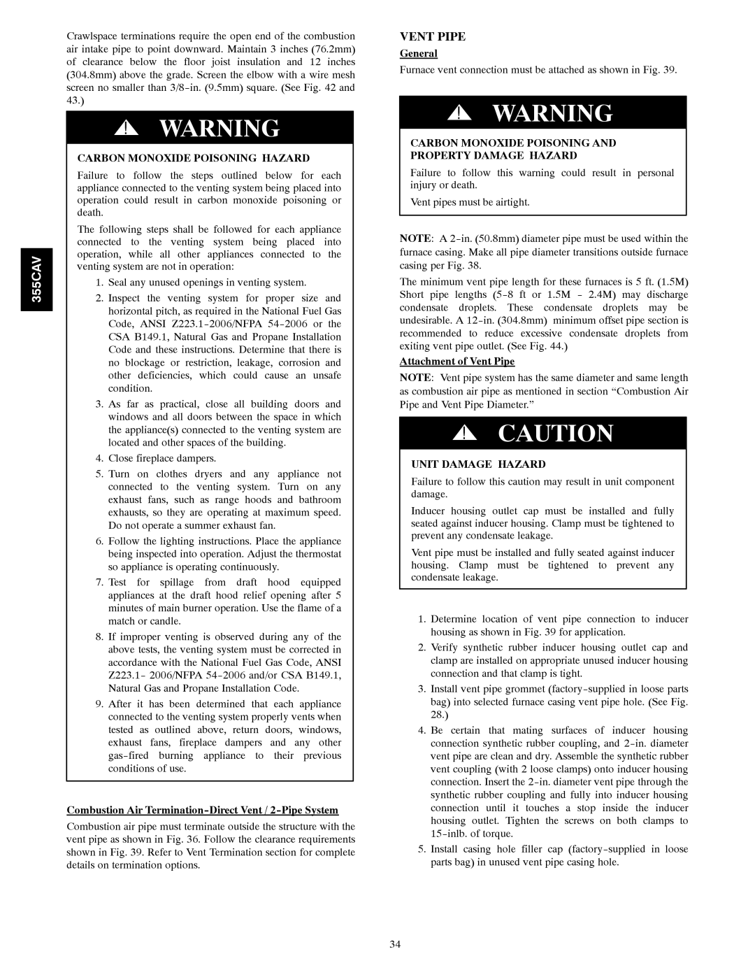 Bryant 355CAV installation instructions Combustion Air Termination-Direct Vent / 2-Pipe System, Attachment of Vent Pipe 