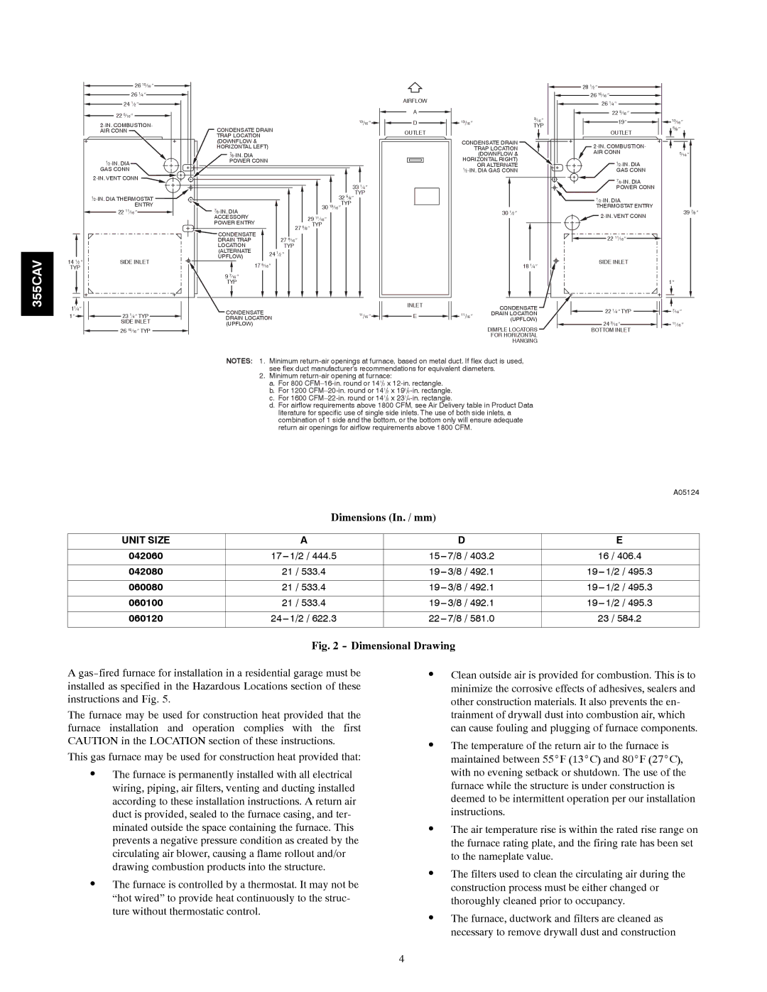 Bryant 355CAV installation instructions Dimensions In. / mm, Dimensional Drawing 