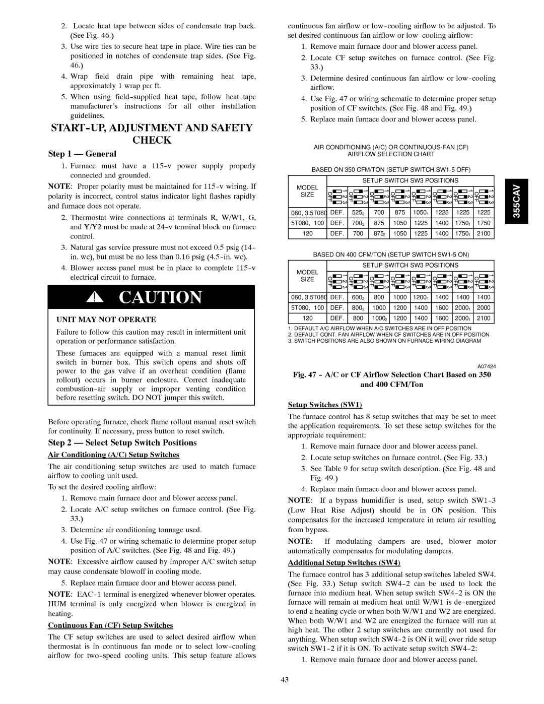 Bryant 355CAV START-UP, Adjustment and Safety Check, Air Conditioning A/C Setup Switches, Continuous Fan CF Setup Switches 