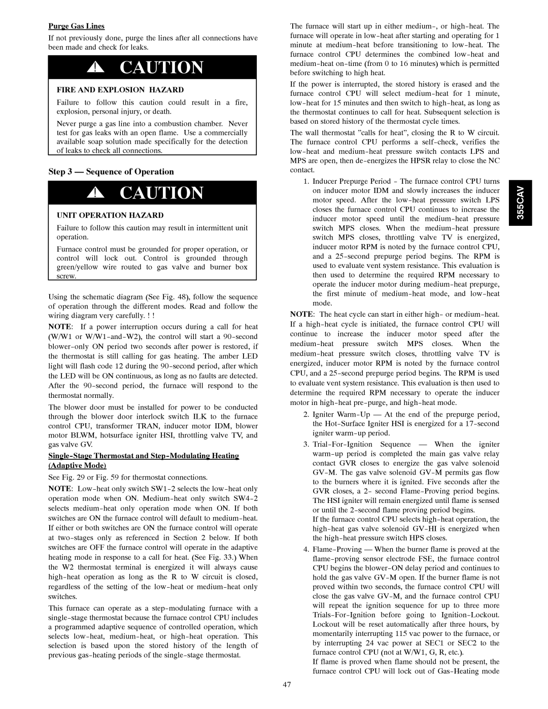 Bryant 355CAV installation instructions Sequence of Operation, Purge Gas Lines 