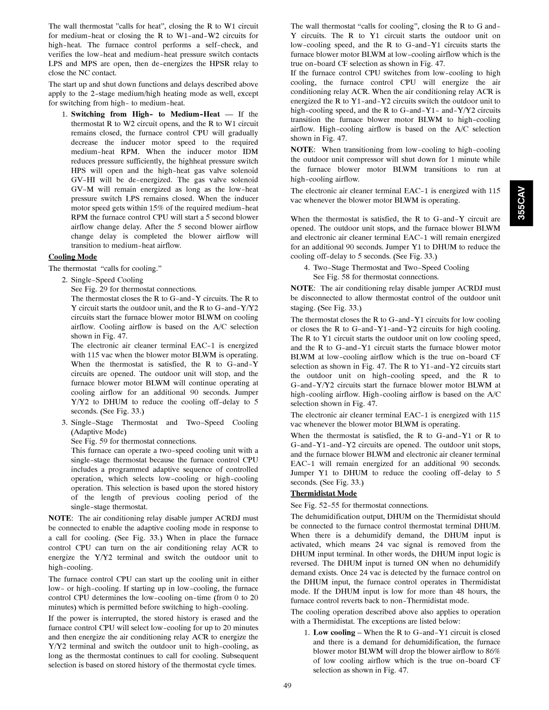 Bryant 355CAV installation instructions Thermidistat Mode, See -55 for thermostat connections 