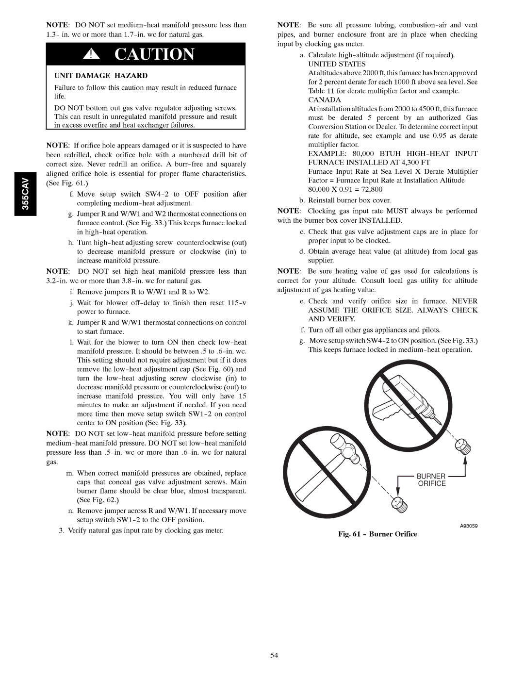 Bryant 355CAV installation instructions Burner Orifice 