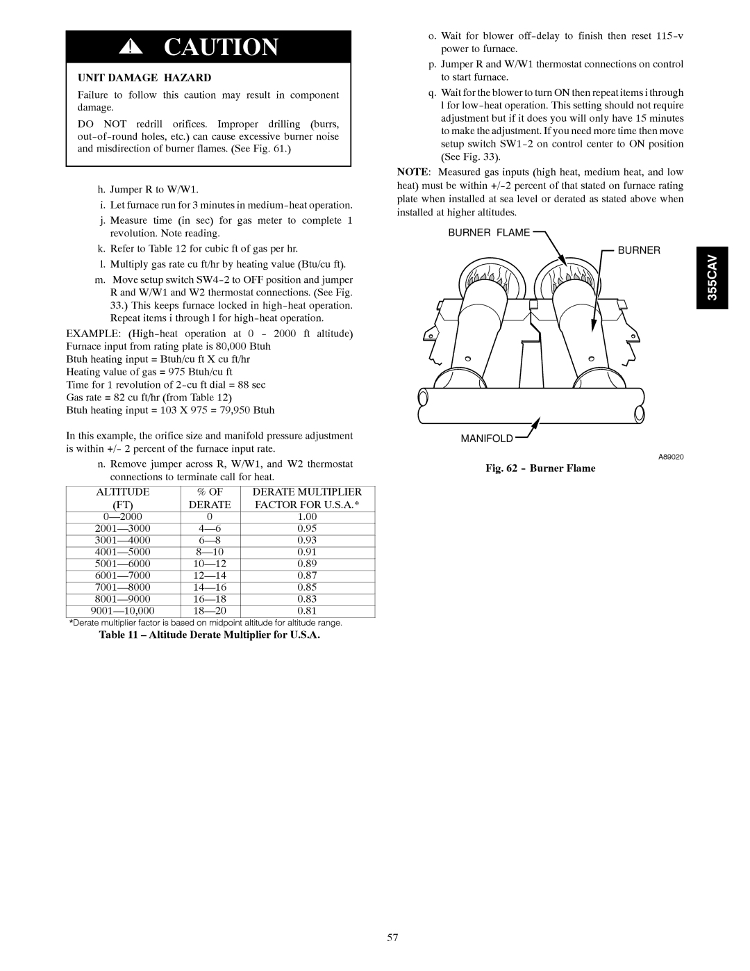 Bryant 355CAV installation instructions Altitude Derate Multiplier for U.S.A, Burner Flame 