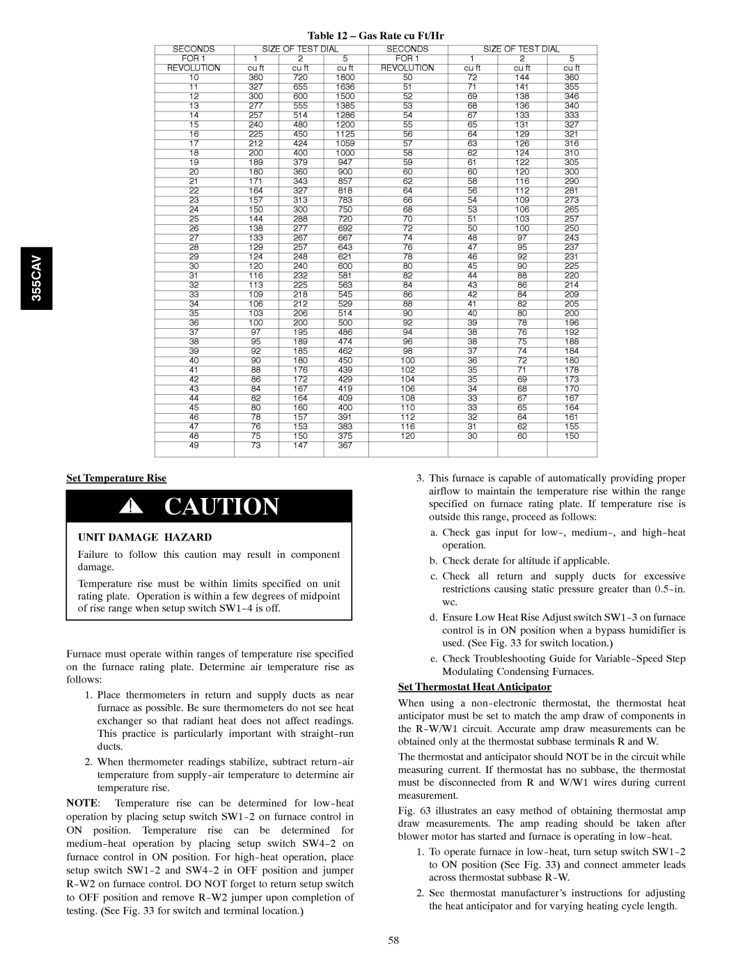 Bryant 355CAV installation instructions Gas Rate cu Ft/Hr, Set Temperature Rise, Set Thermostat Heat Anticipator 