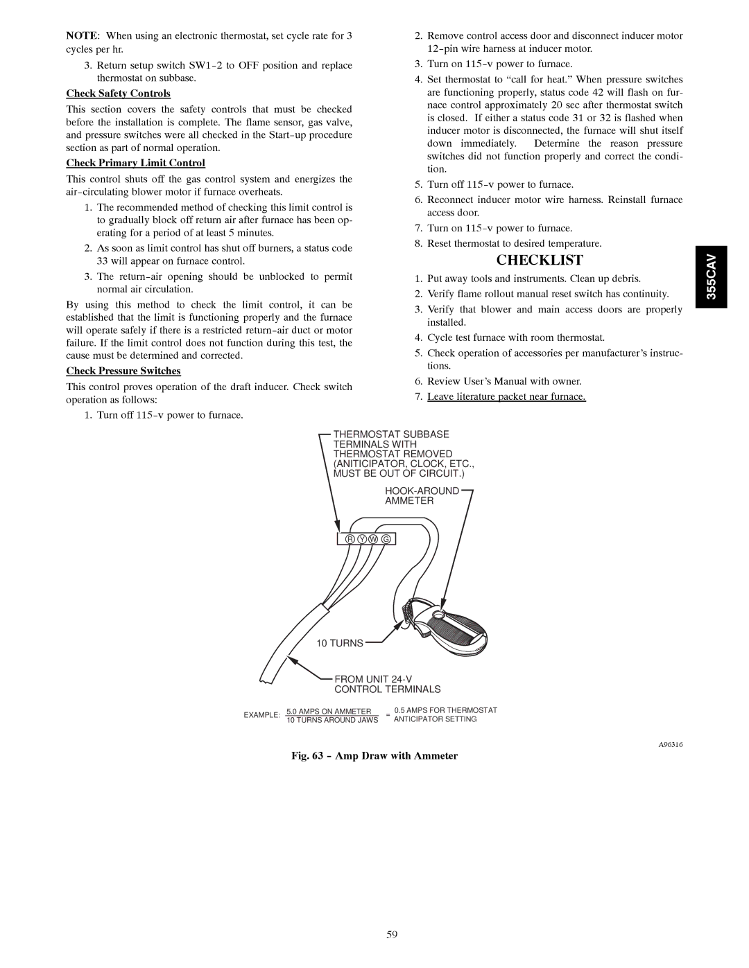 Bryant 355CAV Checklist, Check Safety Controls, Check Primary Limit Control, Check Pressure Switches 