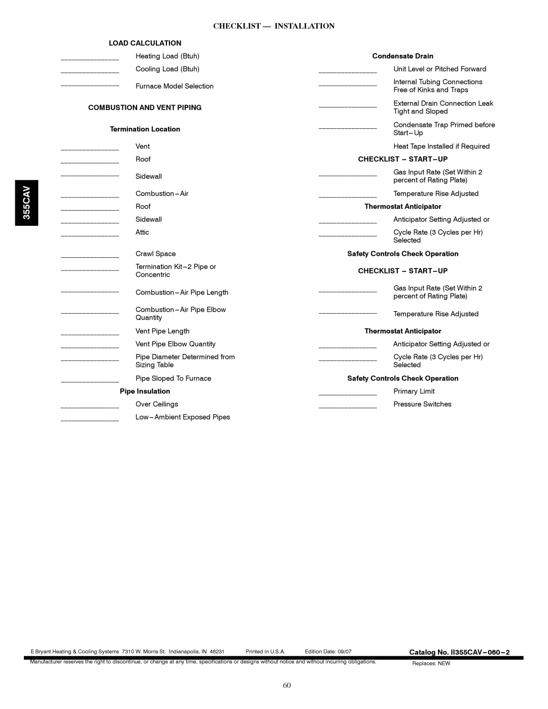 Bryant 355CAV installation instructions Checklist Installation, Combustion and Vent Piping 