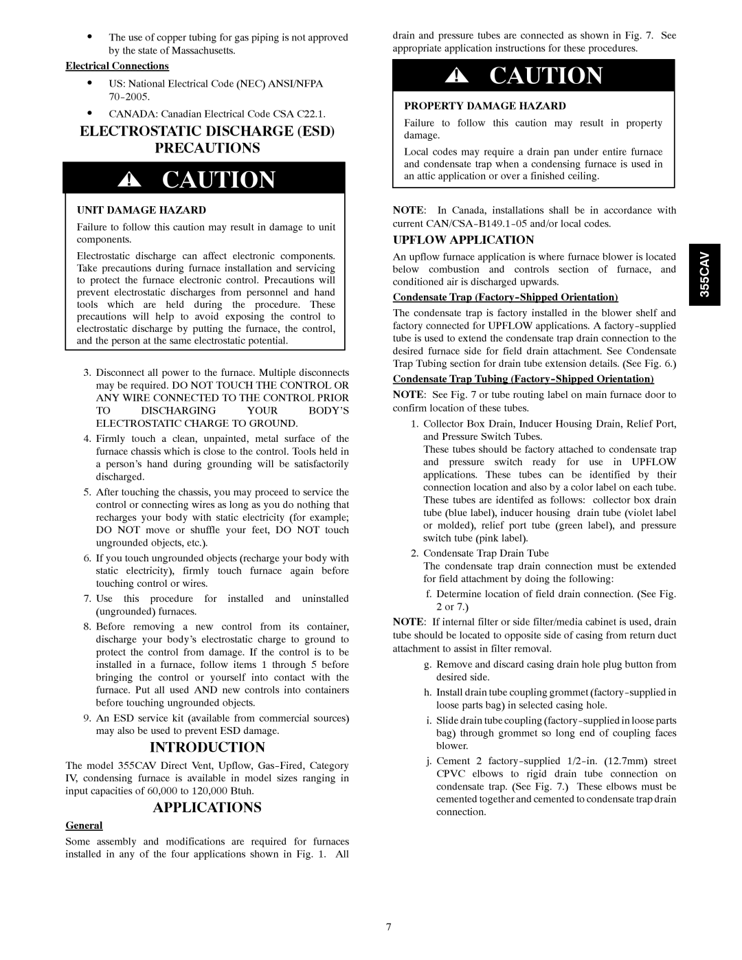 Bryant 355CAV Electrostatic Discharge ESD Precautions, Introduction, Applications, Upflow Application 