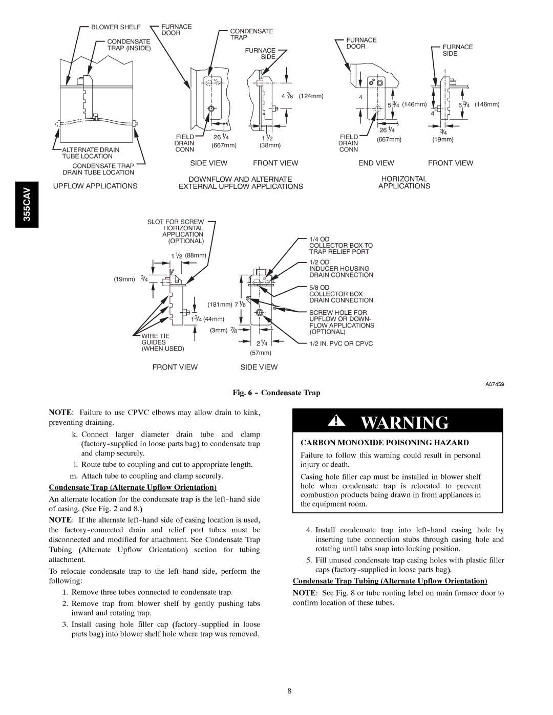 Bryant 355CAV installation instructions Condensate Trap Alternate Upflow Orientation, Carbon Monoxide Poisoning Hazard 