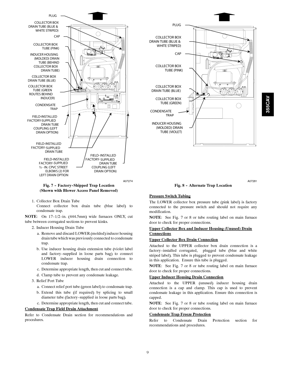 Bryant 355CAV installation instructions Condensate Trap Field Drain Attachment, Upper Inducer Housing Drain Connection 