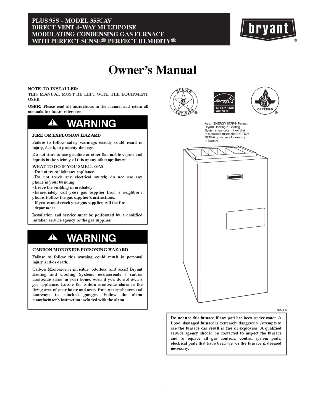 Bryant 355CAV owner manual Fire or Explosion Hazard, Carbon Monoxide Poisoning Hazard 