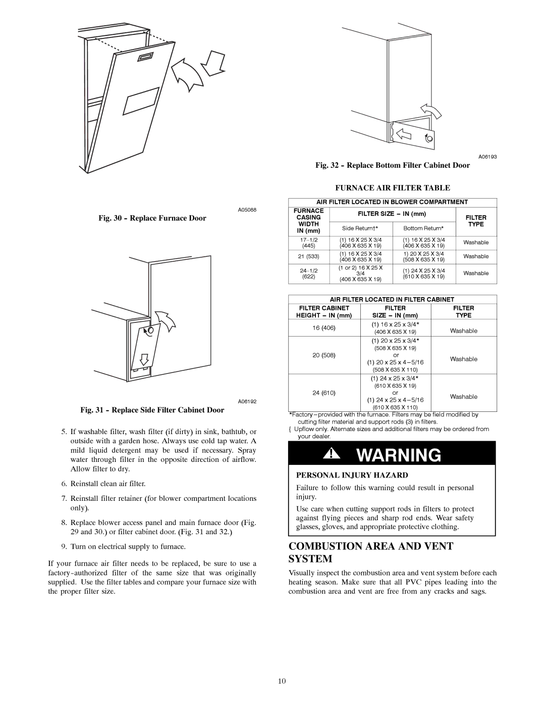 Bryant 355CAV owner manual Combustion Area and Vent System, Furnace AIR Filter Table, Personal Injury Hazard 