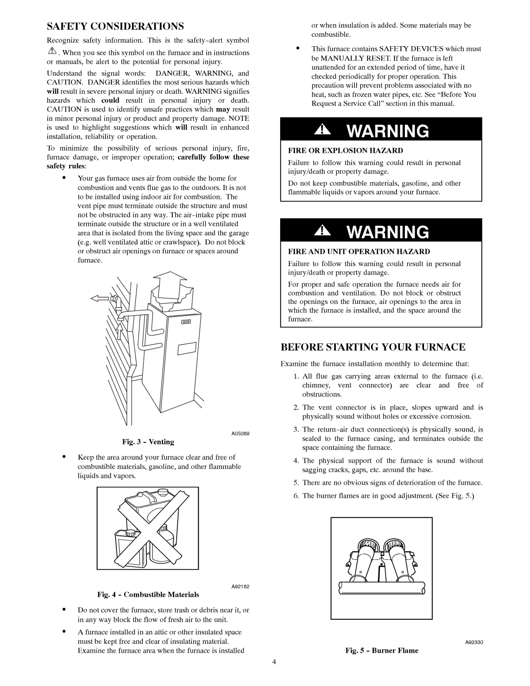 Bryant 355CAV owner manual Safety Considerations, Before Starting Your Furnace, Fire and Unit Operation Hazard 