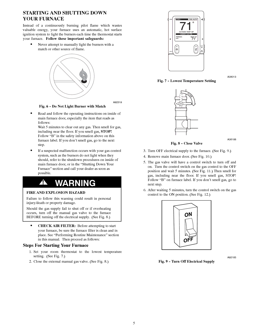 Bryant 355CAV owner manual Starting and Shutting Down Your Furnace, Fire and Explosion Hazard 