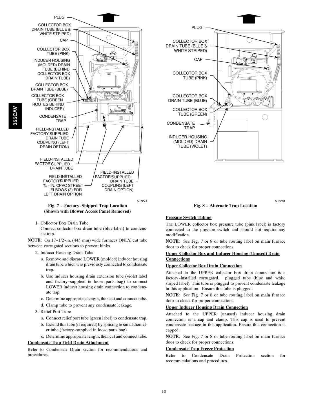 Bryant 355CAV installation instructions Condensate Trap Field Drain Attachment, Upper Inducer Housing Drain Connection 