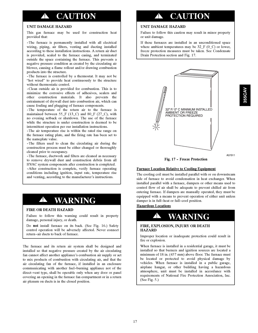 Bryant 355CAV installation instructions Fire or Death Hazard, Hazardous Locations, FIRE, EXPLOSION, Injury or Death Hazard 