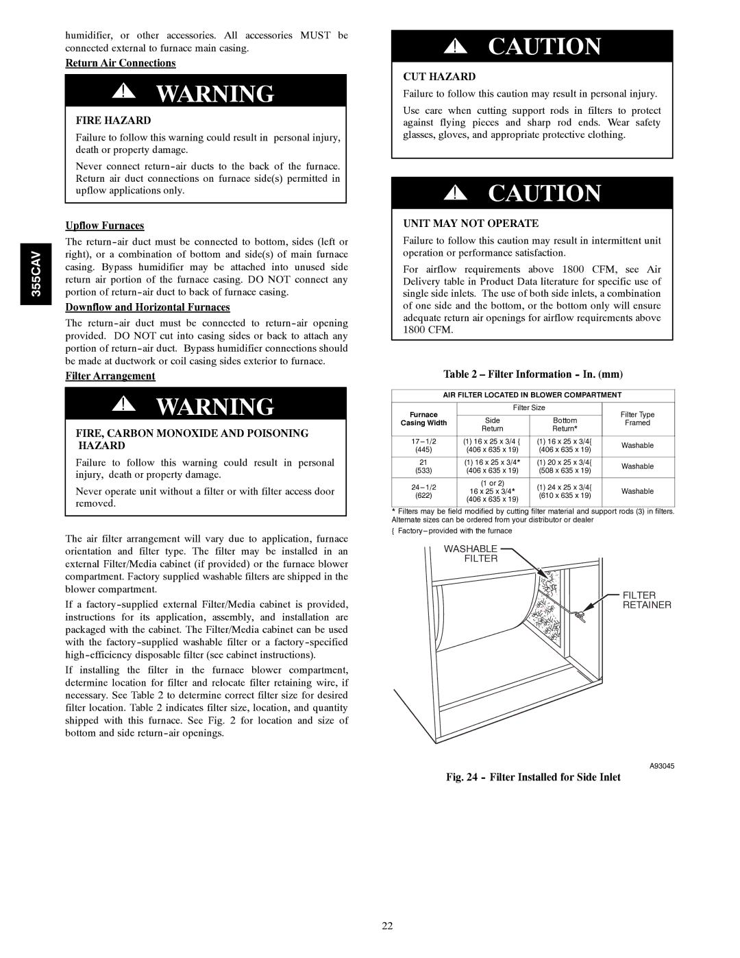 Bryant 355CAV installation instructions Fire Hazard, FIRE, Carbon Monoxide and Poisoning Hazard, Unit MAY not Operate 