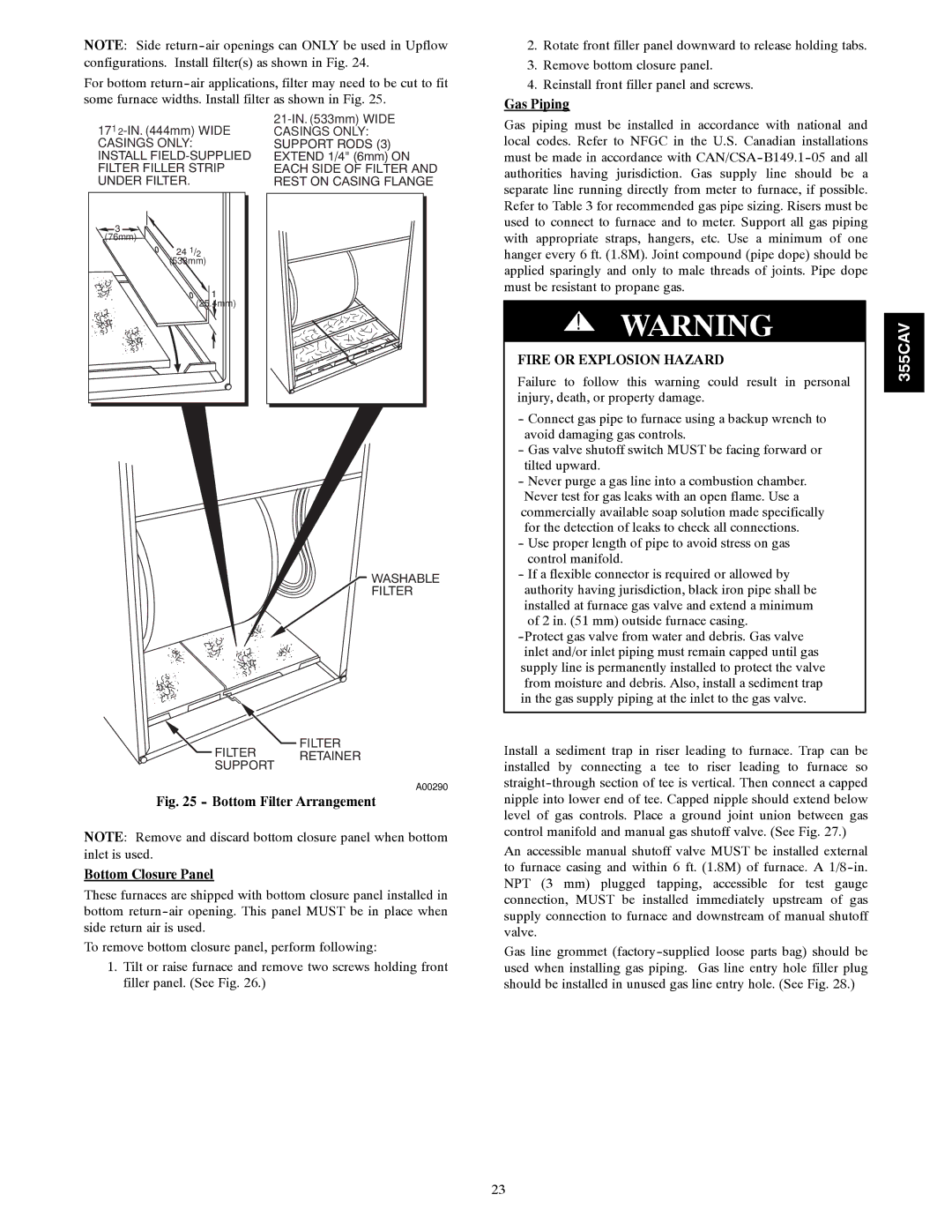 Bryant 355CAV installation instructions Gas Piping, Fire or Explosion Hazard 