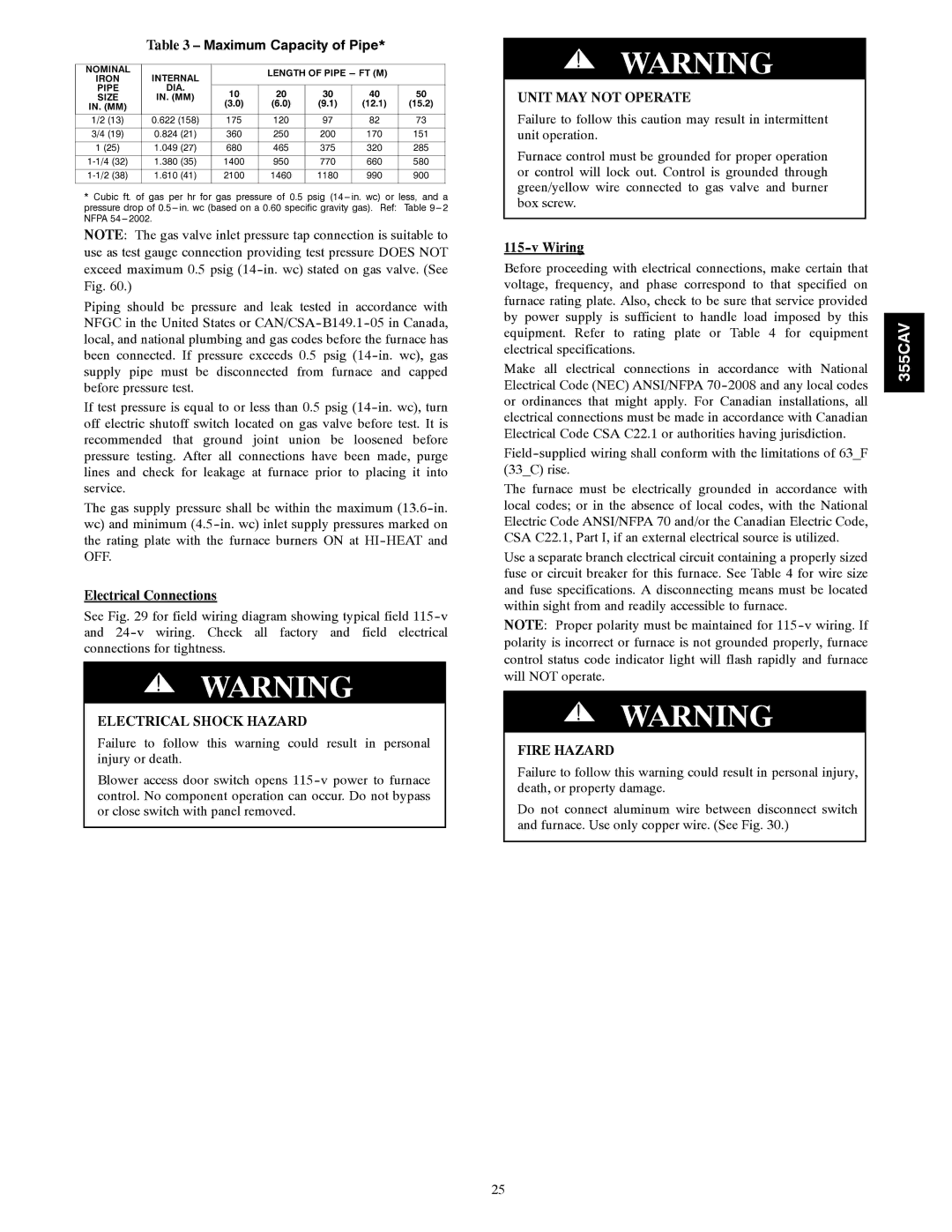 Bryant 355CAV installation instructions Electrical Shock Hazard, Wiring 