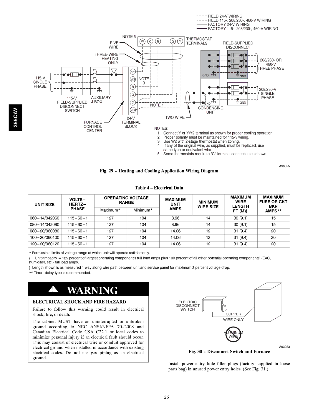 Bryant 355CAV installation instructions Electrical Shock and Fire Hazard, Disconnect Switch and Furnace 