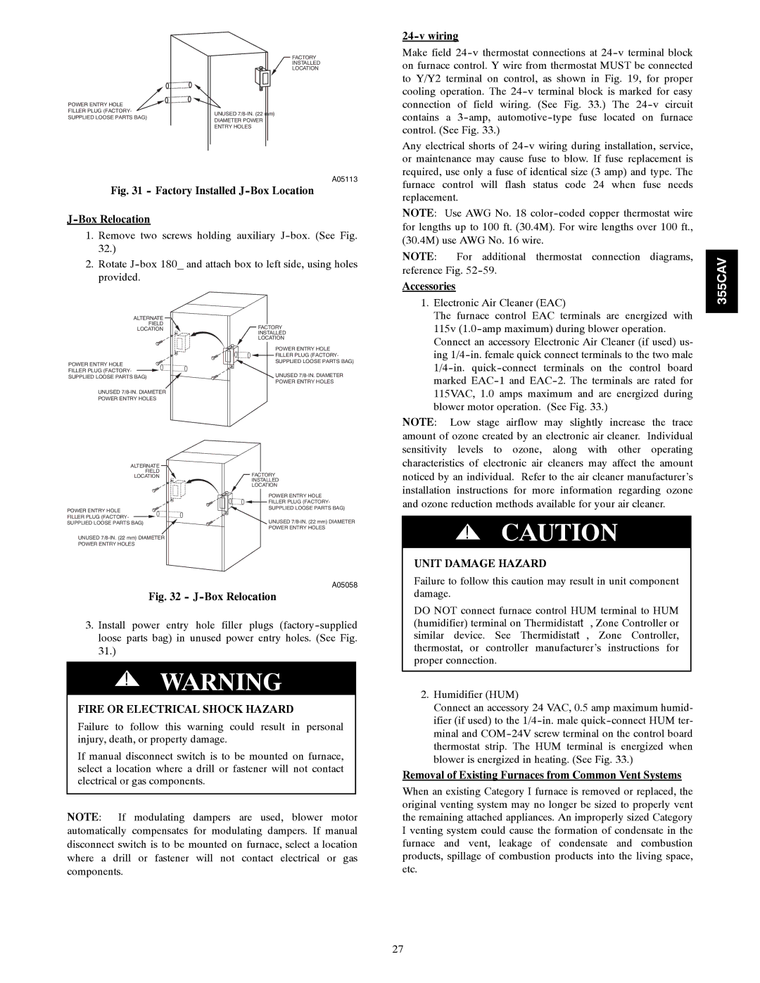 Bryant 355CAV Accessories, Fire or Electrical Shock Hazard, Removal of Existing Furnaces from Common Vent Systems 