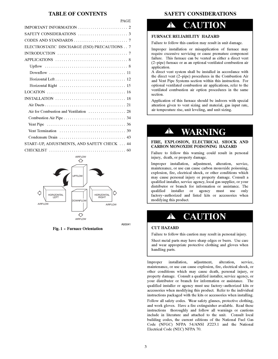 Bryant 355CAV installation instructions Table of Contents, Safety Considerations 