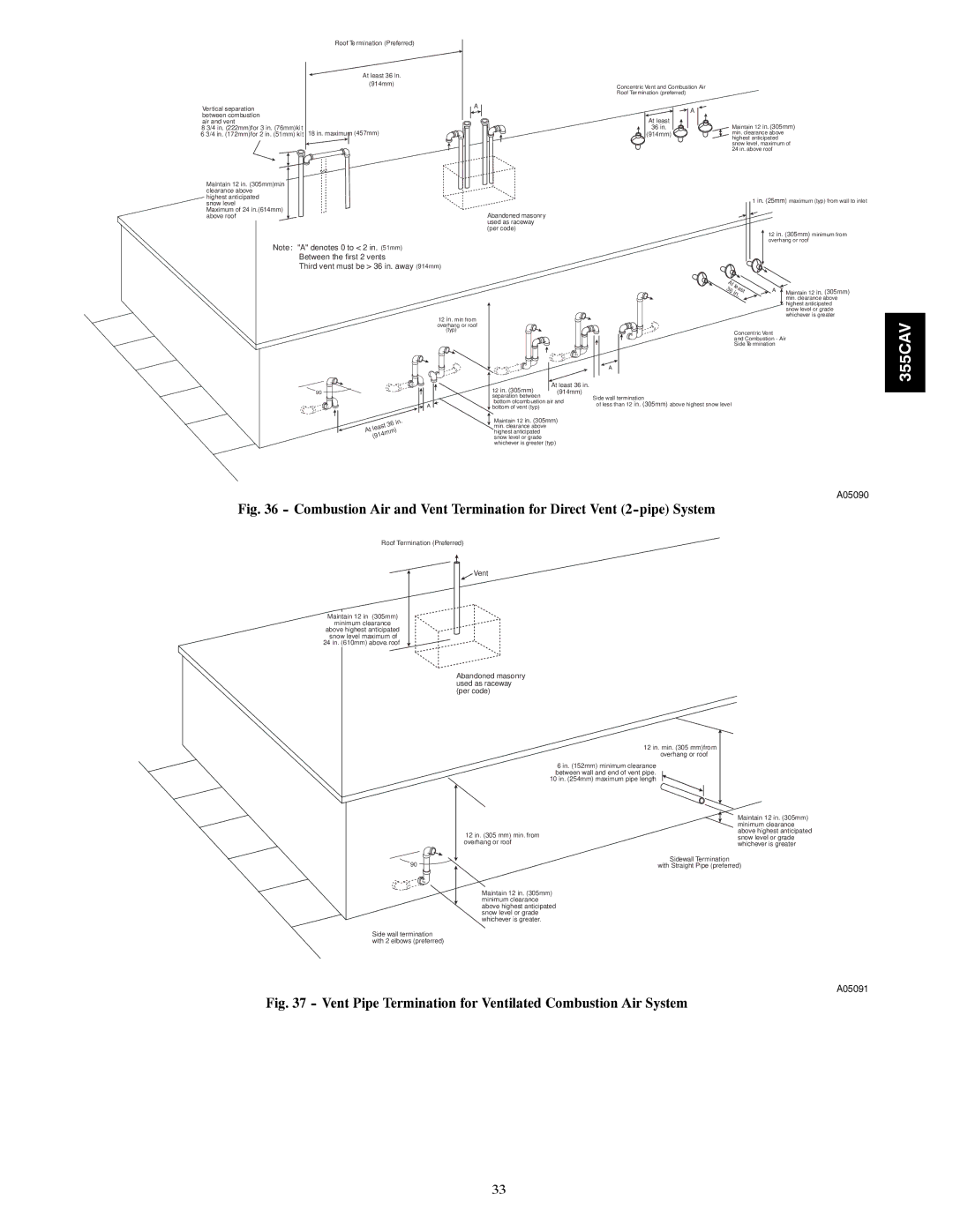 Bryant 355CAV installation instructions Vent Pipe Termination for Ventilated Combustion Air System 