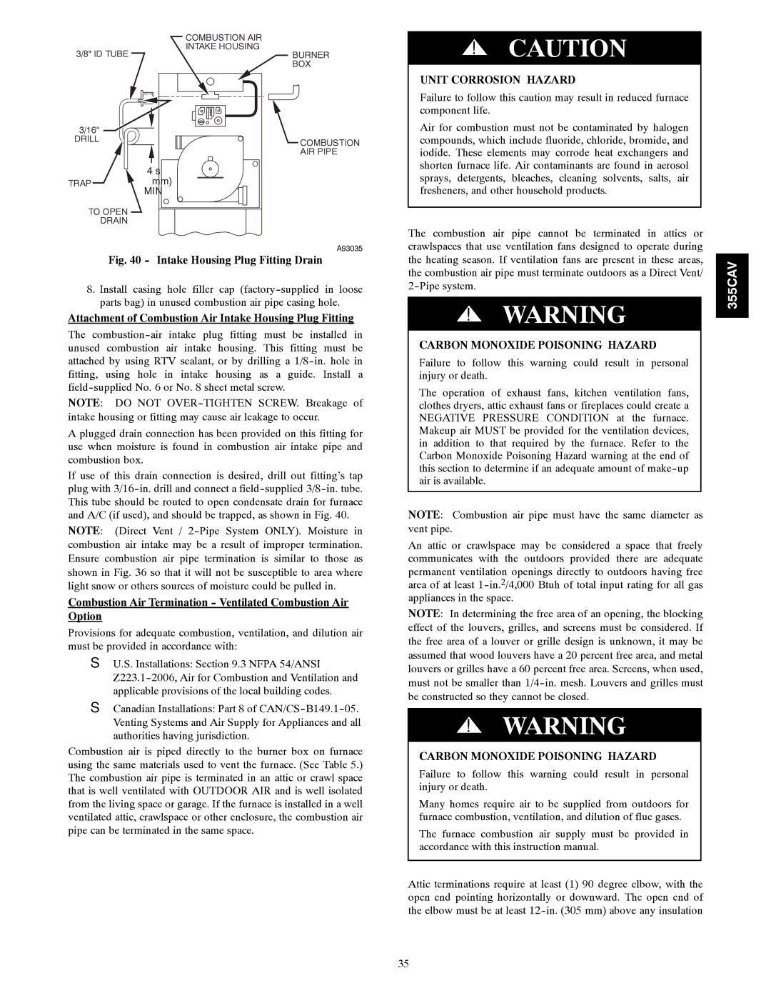 Bryant 355CAV installation instructions Attachment of Combustion Air Intake Housing Plug Fitting 