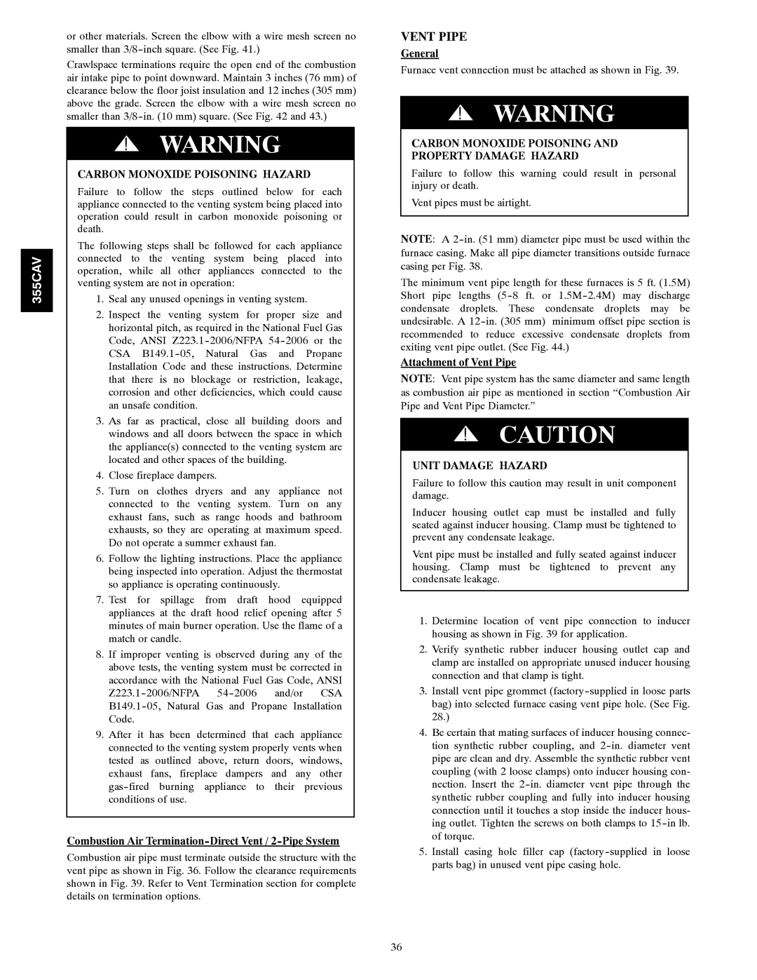 Bryant 355CAV installation instructions Combustion Air Termination-Direct Vent / 2-Pipe System, Attachment of Vent Pipe 