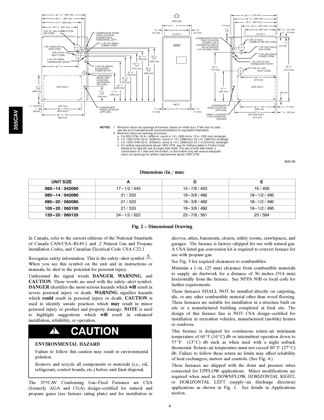 Bryant 355CAV installation instructions Dimensions In. / mm, Environmental Hazard 