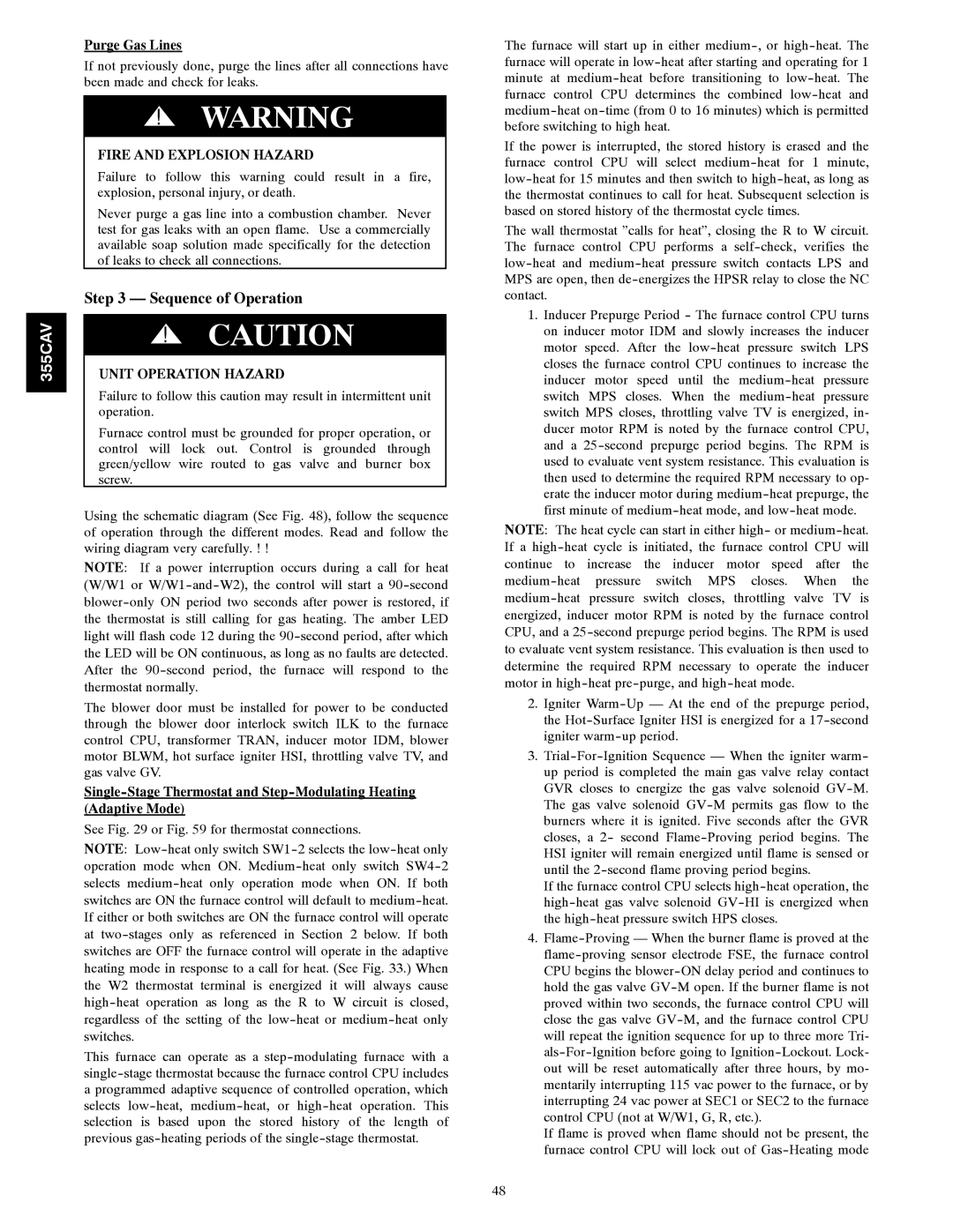 Bryant 355CAV installation instructions Sequence of Operation, Purge Gas Lines 