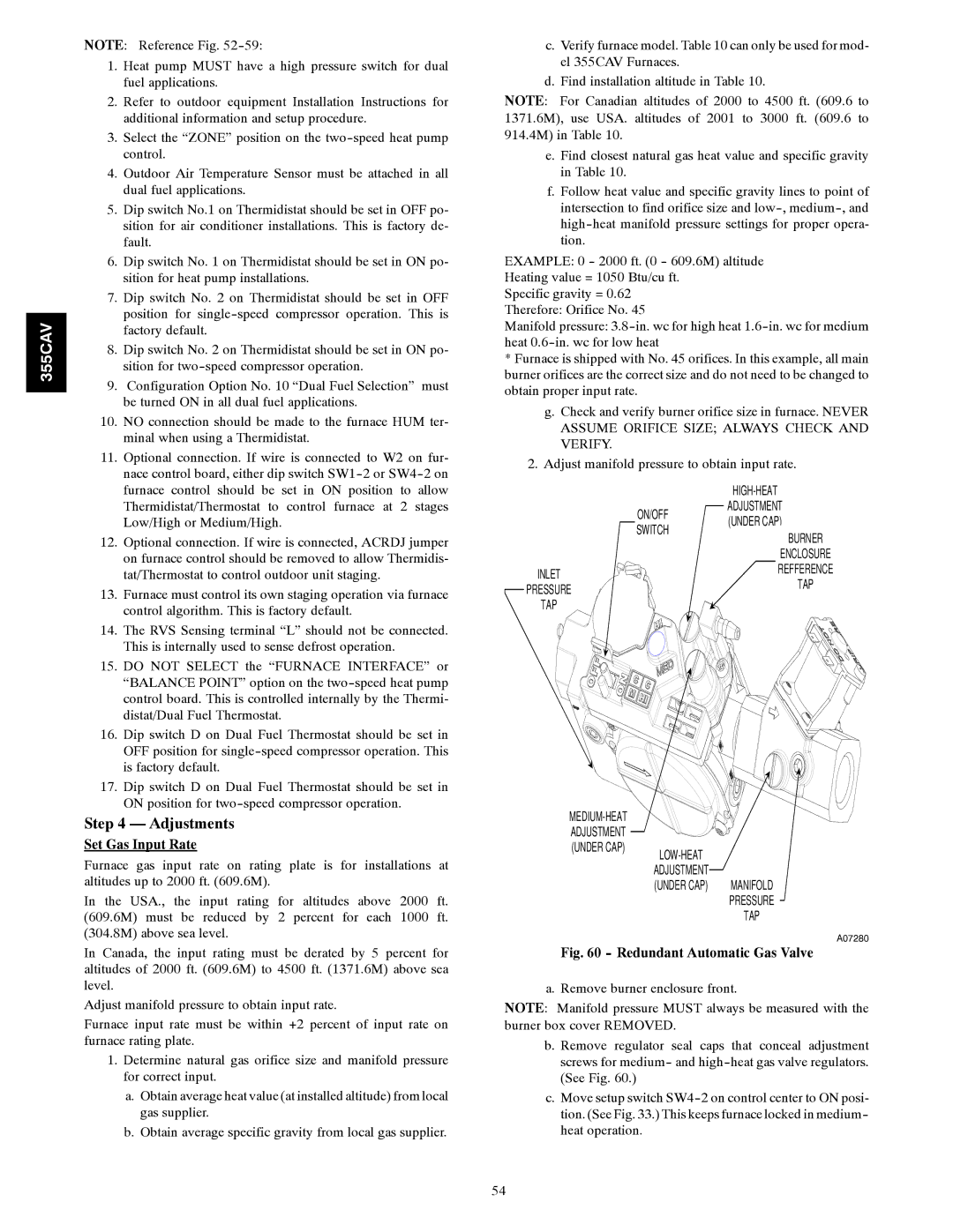 Bryant 355CAV installation instructions Set Gas Input Rate, Redundant Automatic Gas Valve 