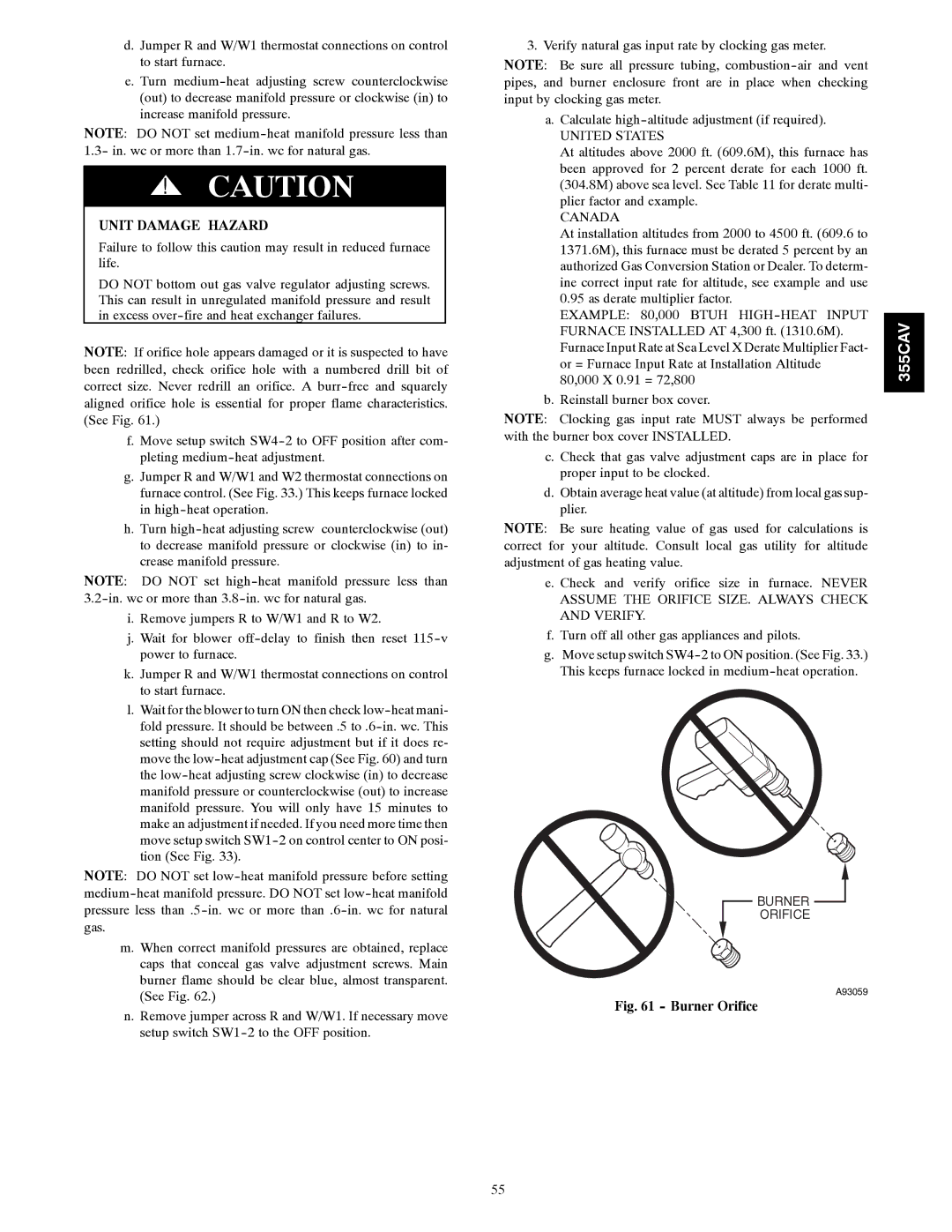 Bryant 355CAV installation instructions Burner Orifice 