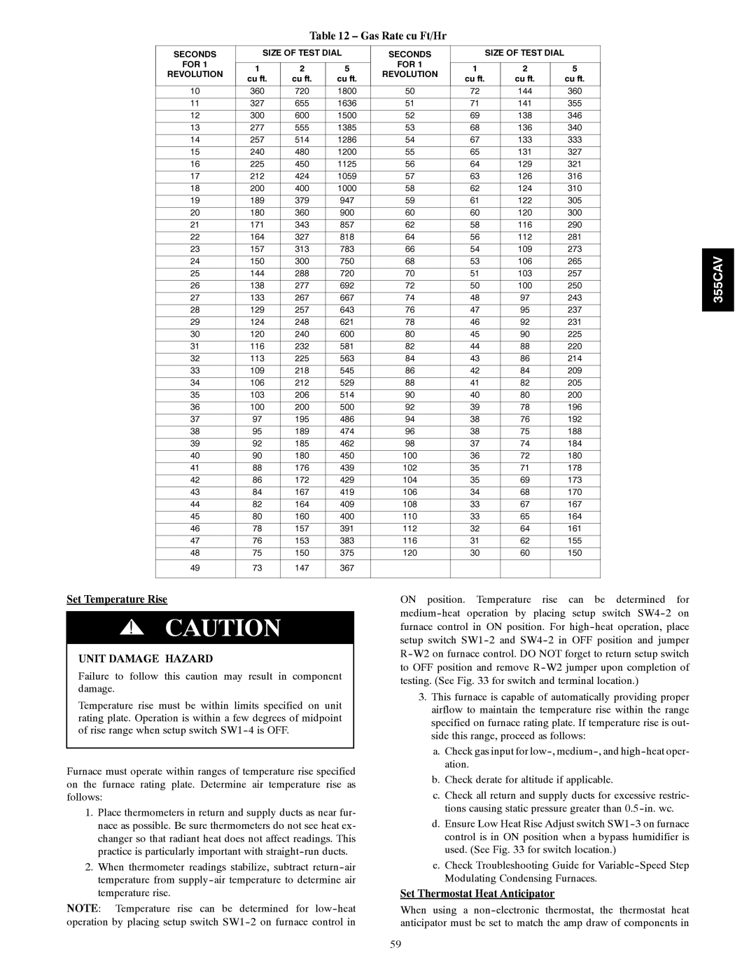 Bryant 355CAV installation instructions Gas Rate cu Ft/Hr, Set Temperature Rise, Set Thermostat Heat Anticipator 