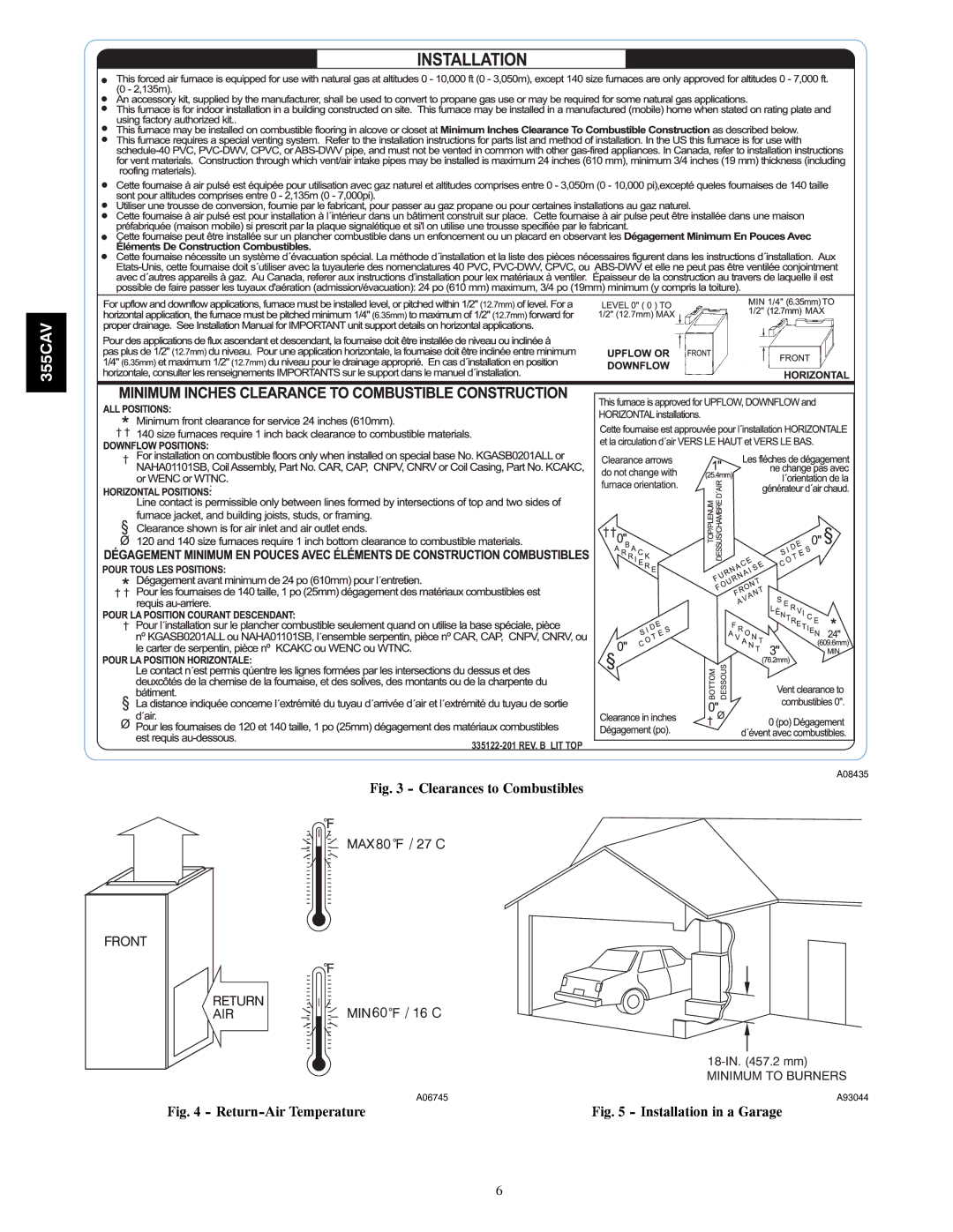 Bryant 355CAV installation instructions Clearances to Combustibles 