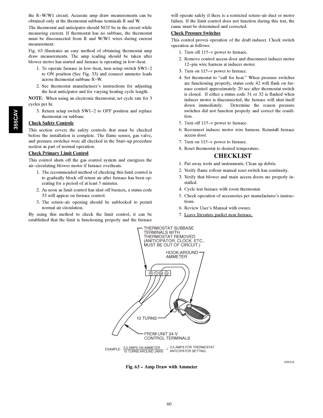 Bryant 355CAV Checklist, Check Safety Controls, Check Primary Limit Control, Check Pressure Switches 