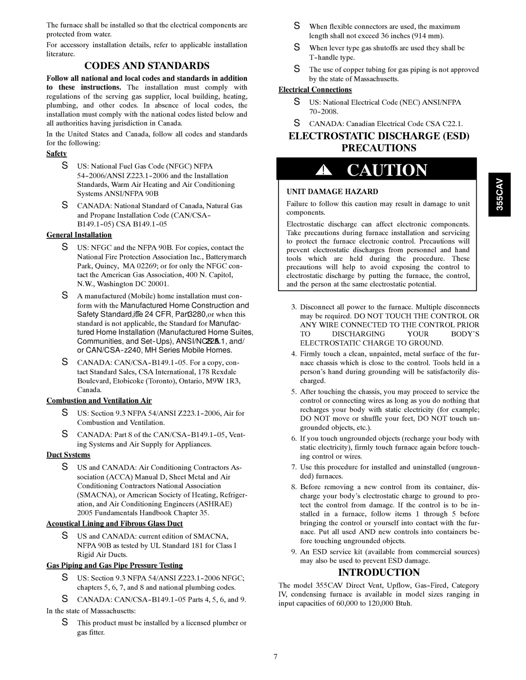 Bryant 355CAV Codes and Standards, Electrostatic Discharge ESD Precautions, Introduction, Unit Damage Hazard 