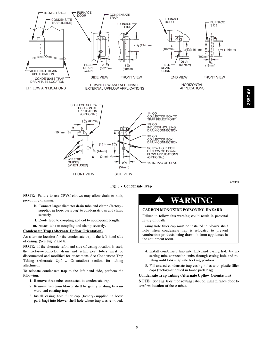 Bryant 355CAV installation instructions Condensate Trap Alternate Upflow Orientation, Carbon Monoxide Poisoning Hazard 