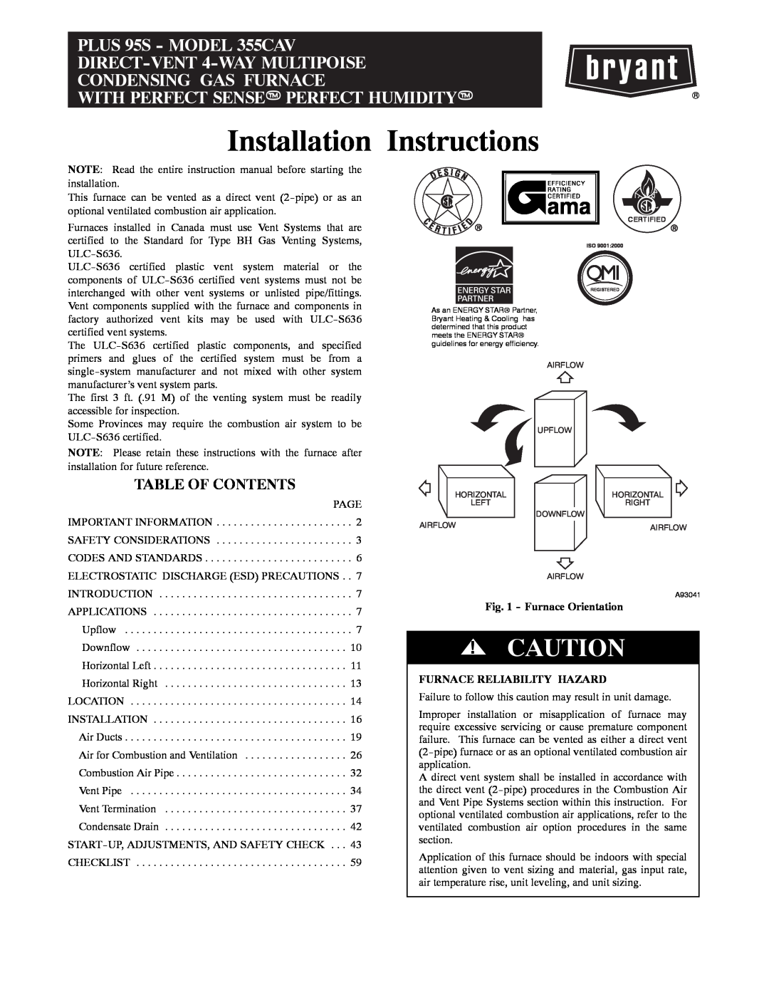 Bryant owner manual PLUS 95S - MODEL 355CAV, Note To Installer, Fire Or Explosion Hazard 