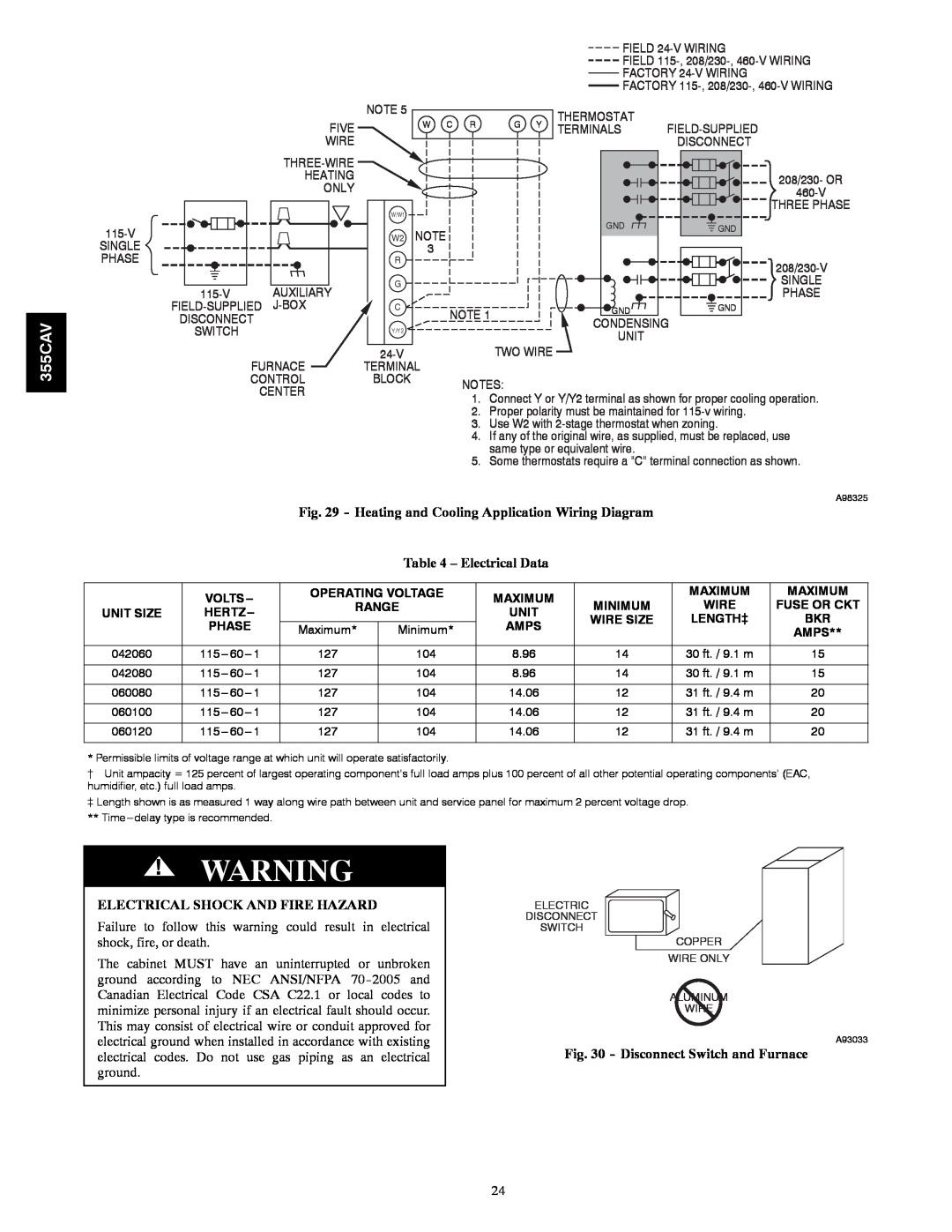 Bryant 355CAV installation instructions Electrical Data, Electrical Shock And Fire Hazard, Disconnect Switch and Furnace 