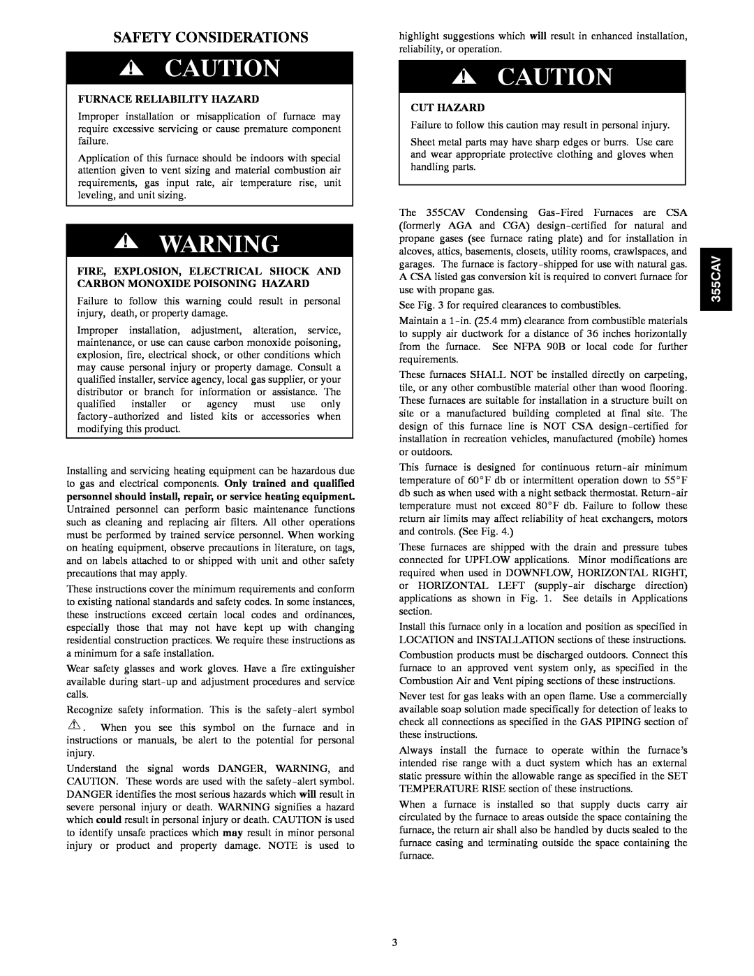 Bryant 355CAV installation instructions Safety Considerations, Cut Hazard, Furnace Reliability Hazard 