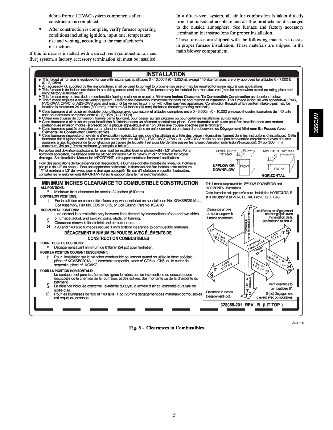 Bryant 355CAV installation instructions Clearances to Combustibles, Installation 