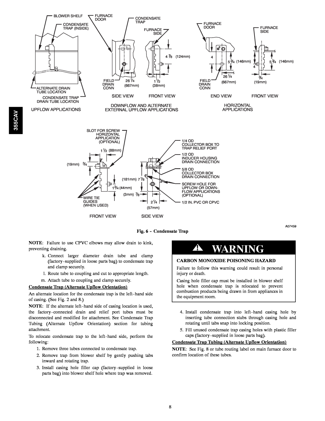 Bryant 355CAV installation instructions Condensate Trap Alternate Upflow Orientation, Carbon Monoxide Poisoning Hazard 